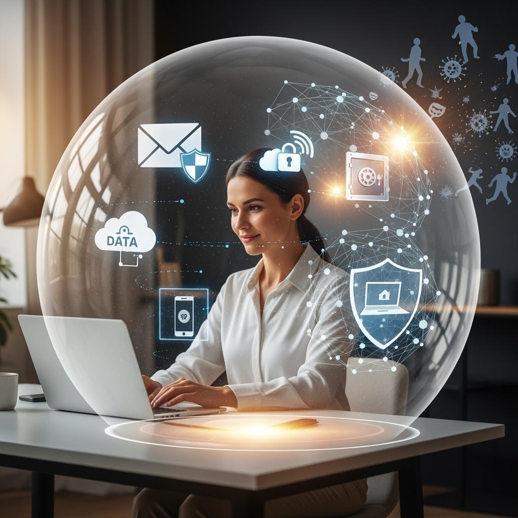 user being in a protective bubble, protected by cyber threats (email, cloud, mobile device, computer)