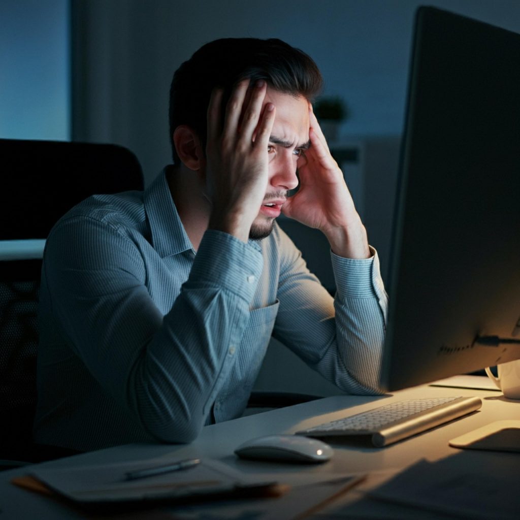 ai generated, man, worried, employee, male, businessman, stress, workplace, office, pensive, exhausted, mental health, computer, desk