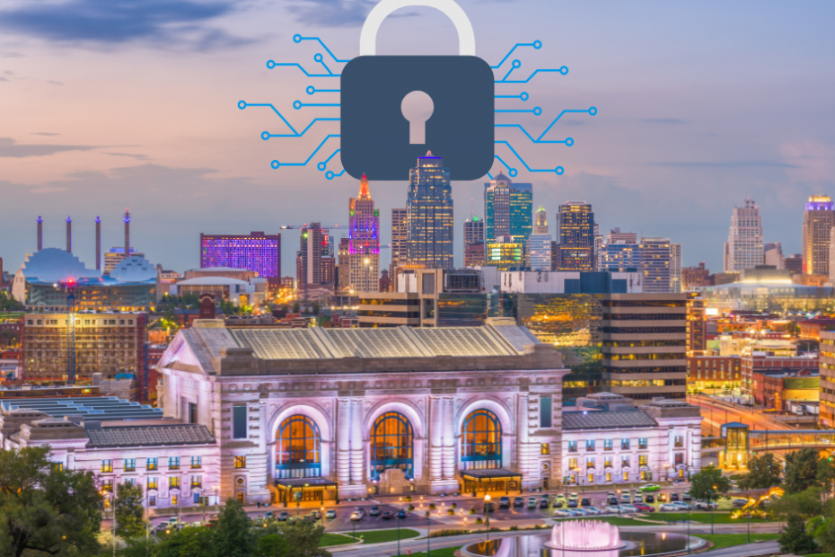 Kansas City skyline at dusk featuring a large digital padlock and circuit board patterns in the sky, symbolizing cybersecurity awareness in Kansas City.