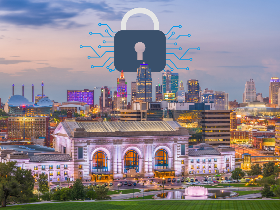 Kansas City skyline at dusk featuring a large digital padlock and circuit board patterns in the sky, symbolizing cybersecurity awareness in Kansas City.