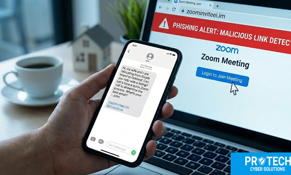 A hand holds a smartphone displaying a suspicious text message from a buyer named "John" claiming to relocate to Oakland. In the background, a laptop screen shows a deceptive Zoom invitation page featuring a typosquatted URL and a prominent red "Phishing Alert" banner warning the user of a malicious link above a "Login to Join Meeting" button.